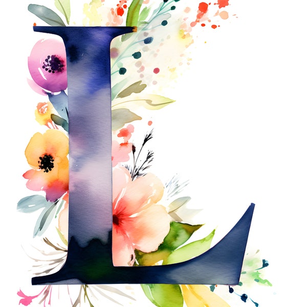 Digital Print, Instant Download, JPG, Watercolor Floral Capital Letter L