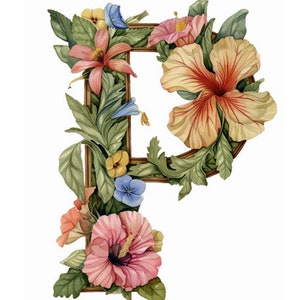 Letra maiúscula P, letra estilo floral cottage-core, alfabeto floral, impressão digital, download instantâneo