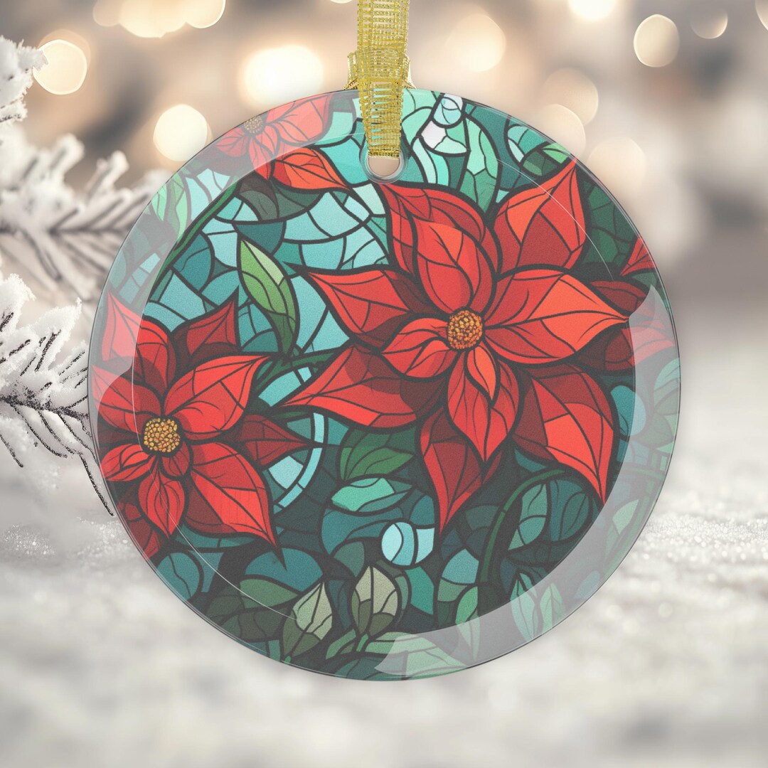 Poinsettia Glass Ornament, Festive Christmas Tree Decoration, Stocking