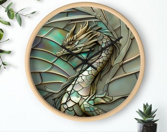 Dragon with Mother of Pearl Scales Wall Clock, Wood Clock, Analog Clock, Year of the Dragon Decor, Lunar New Year Clock