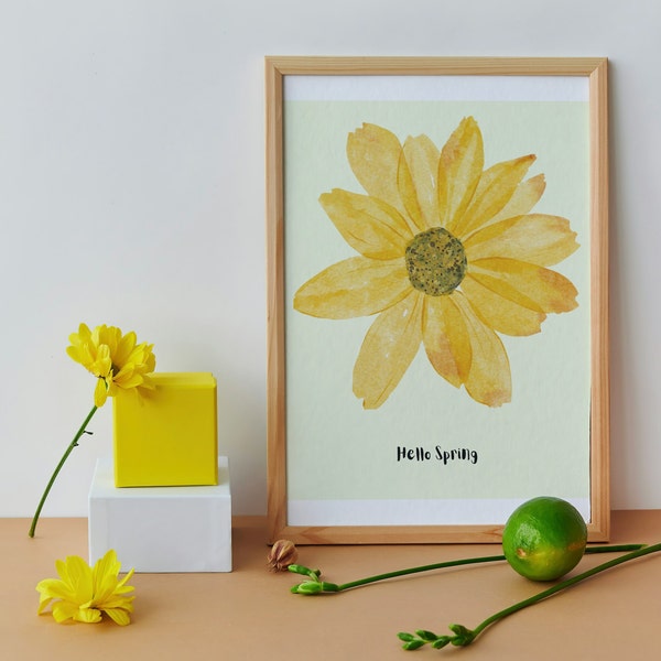Hello Spring Wall Art, Floral Home Decor, Yellow Digital Art, Seasonal Flower Printable Art, Spring Decor, Simplistic Art