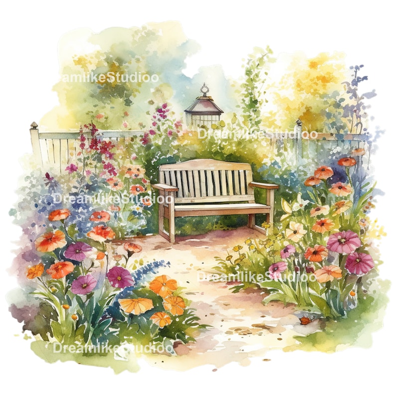 Watercolor Backyard Garden Clipart, Commercial Use Summer Garden PNG