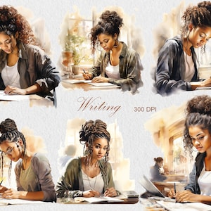 Schrijven van clipart, aquarel vrouw werken in Office PNG commercieel gebruik, zwarte vrouw, zwart meisje schrijven clipart