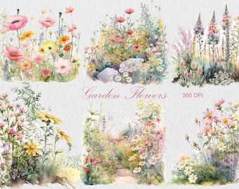 Garden Flowers Clipart, Watercolor Flowers PNG, Commercial Use Clipart