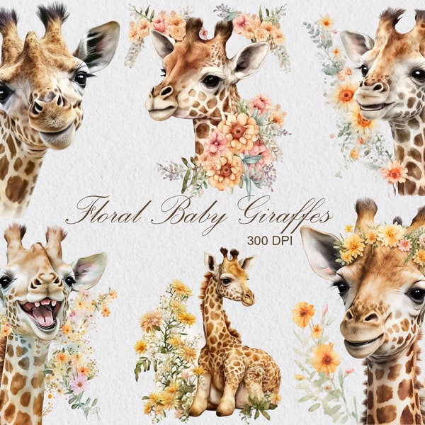 Watercolor Baby Giraffe Cliparts, Commercial Use Floral Giraffe PNG, Nursery Art