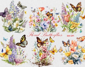 Watercolor Butterflies and Flowers Clipart, Commercial Use Clipart, Floral Butterflies PNG