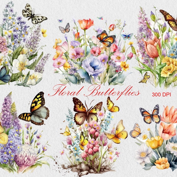 Watercolor Butterflies and Flowers Clipart, Commercial Use Clipart, Floral Butterflies PNG