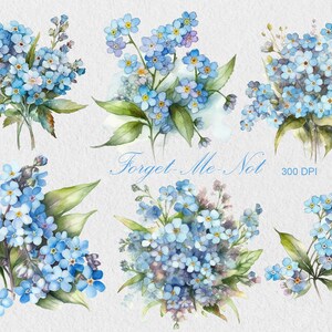 Aquarelle Forget-Me-Not Clipart, Bouquet de myosotis PNG, Usage commercial Forget-Me-Not Fleurs Clipart, Sublimation de fleur bleue