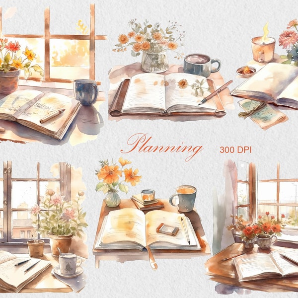 Watercolor Planner Scene Clipart, Commercial Use Clipart, Book, Coffee, Flower,  Desk Clipart, Cottagecore, Academia