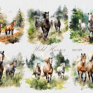 Watercolor Horse Clipart, Wild horses in the Forest Clipart  Set, Commercial Use Galloping Wild Horses PNG, Wild Animals PNG