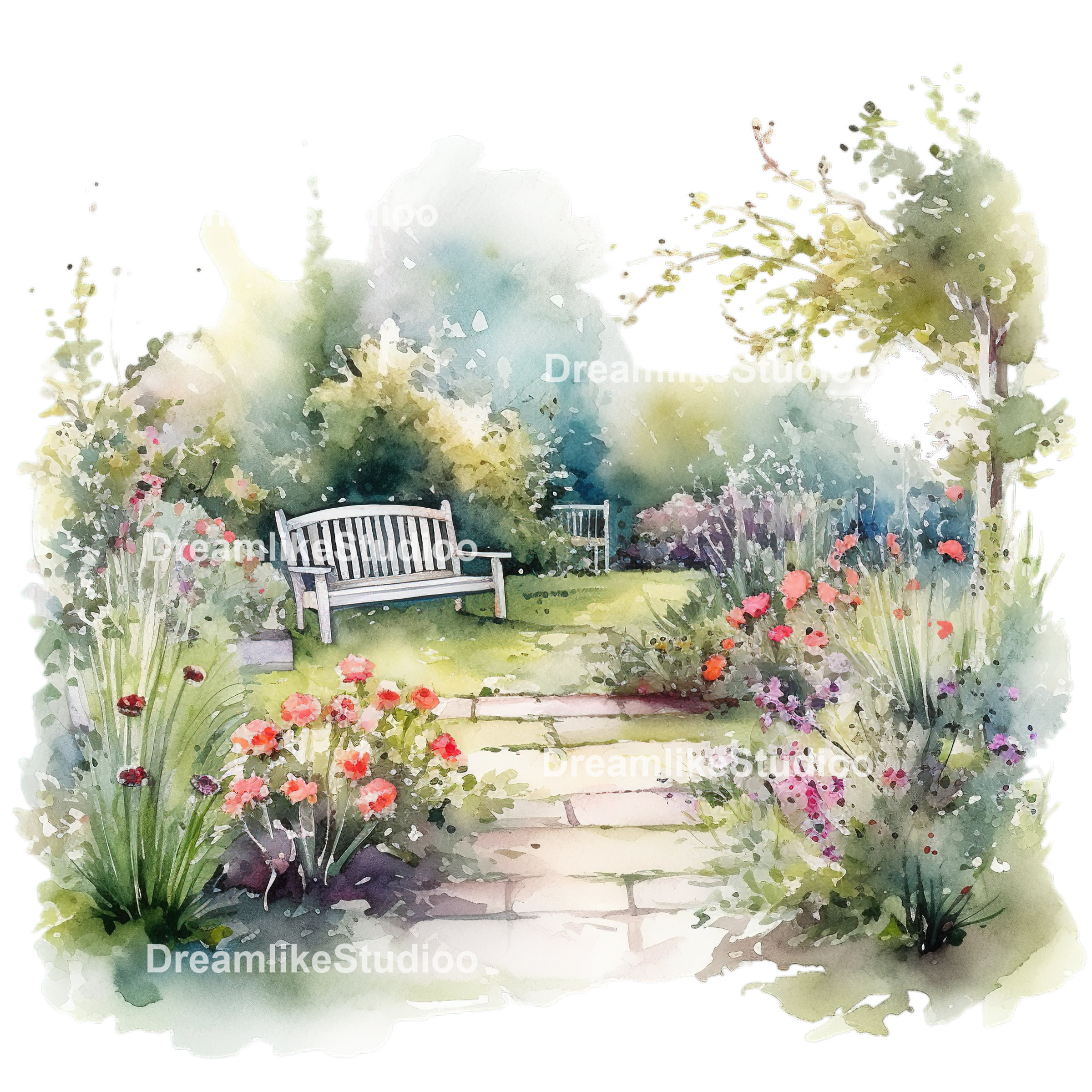 Watercolor Backyard Garden Clipart, Commercial Use Summer Garden PNG
