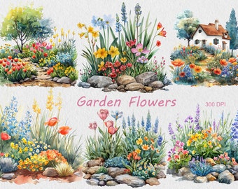 Garden Flowers Clipart, Watercolor Flowers PNG, Commercial Use Clipart