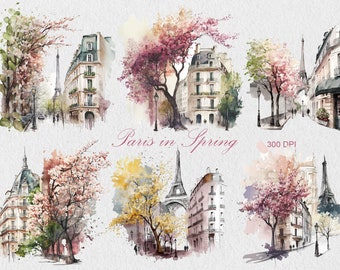 Watercolor Paris in Spring Clipart, Cute Watercolor Paris Scenes PNG, Commercial Use PNG, Spring Blooming Paris Clipart, Scrapbooking