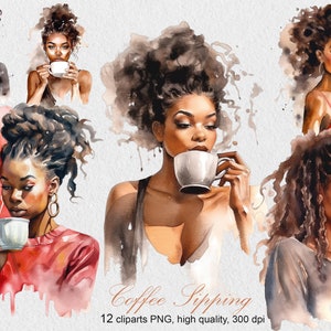 Acuarela café bebiendo mujer negra clipart, uso comercial café bebiendo chica negra, té bebiendo imágenes prediseñadas