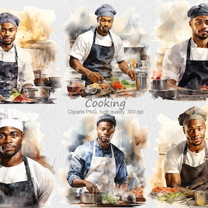 Clipart de cozinha, homem aquarela trabalhando na cozinha PNG, uso comercial, homem cozinhando clipart, homem negro chef clipart