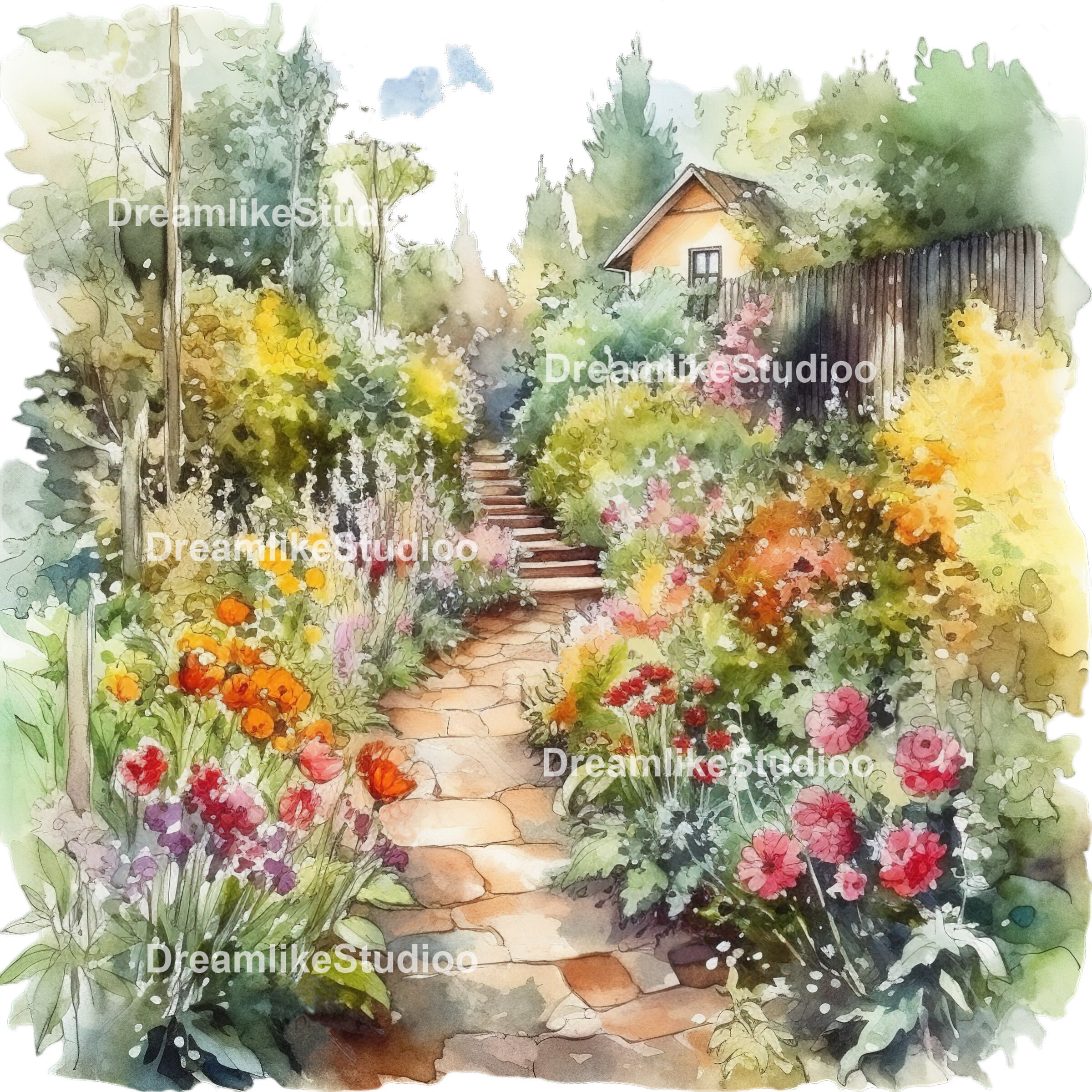 Watercolor Backyard Garden Clipart, Commercial Use Summer Garden PNG