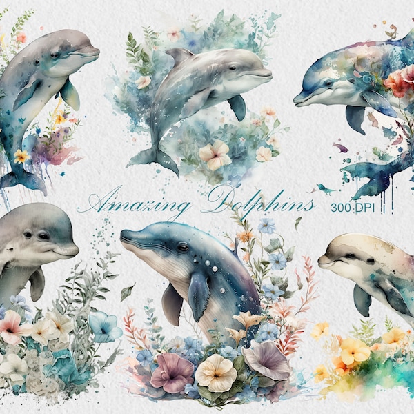Floral Delfin Clipart, kommerzielle Nutzung Aquarell Delfin PNG digitale Downloads, siehe Tier Clipart, Aquarell Delfin Sublimation