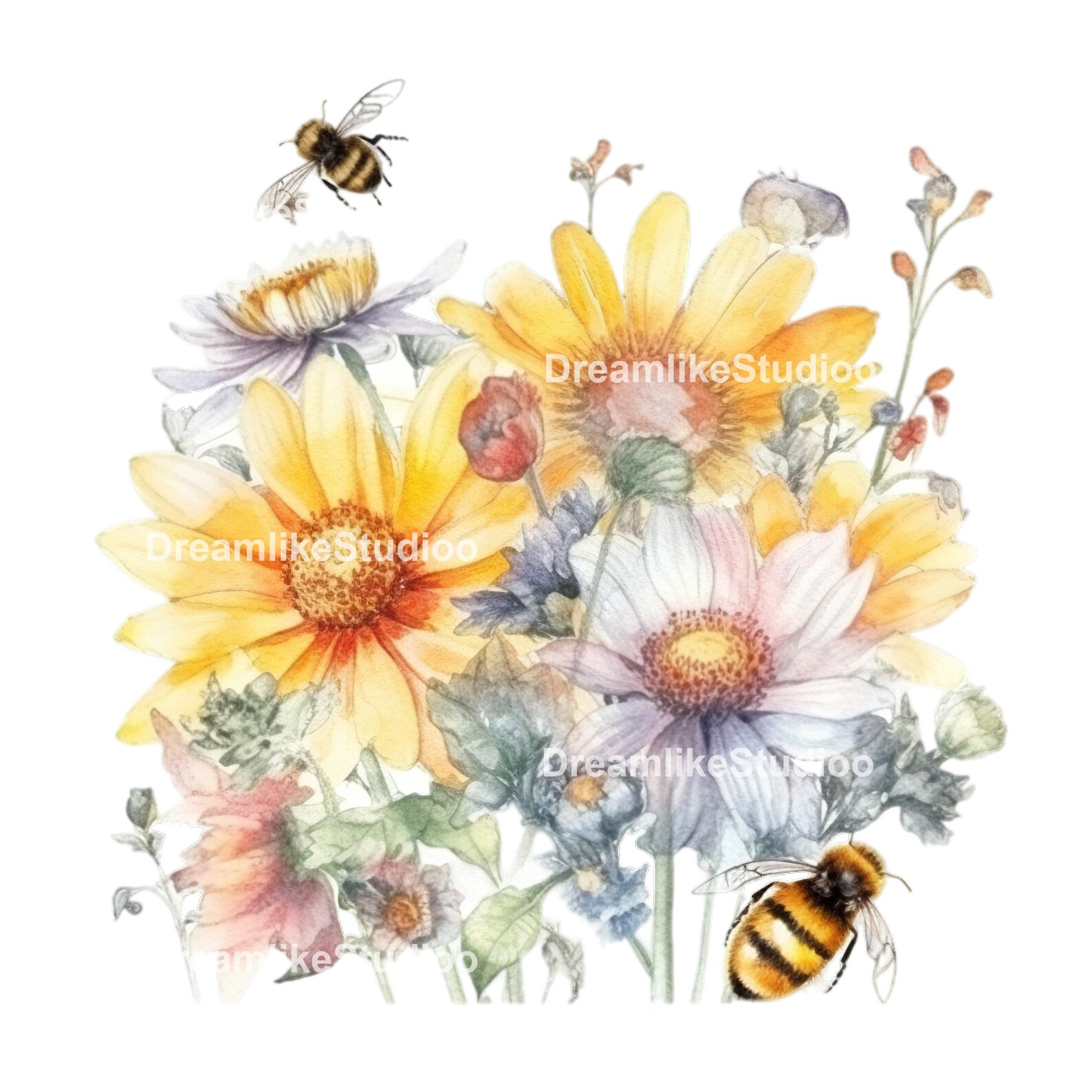 Bee Clipart PNG Watercolor Honey Bee and Summer Flowers Commercial Use ...