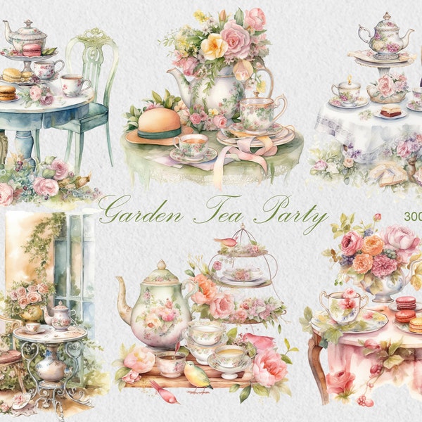 Watercolor Garden Tea Party Scenes, PNG, Commercial Clipart, Tea Time Clipart, Scrapbooking, Garden Party PNG, Cottagecore, Fairy Picnic PNG