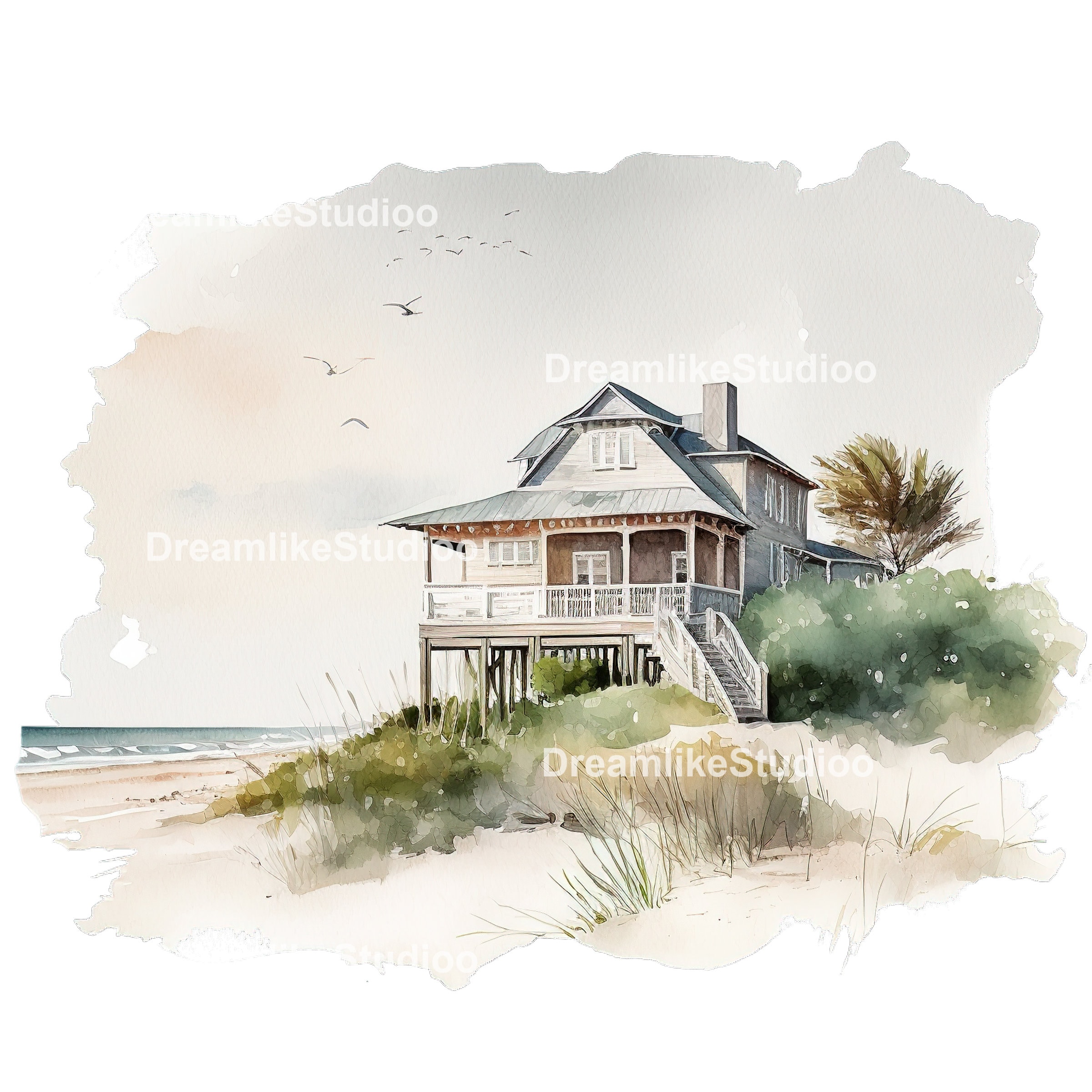 Watercolor Beach House Scenes Commercial Use Clipart Beach Etsy