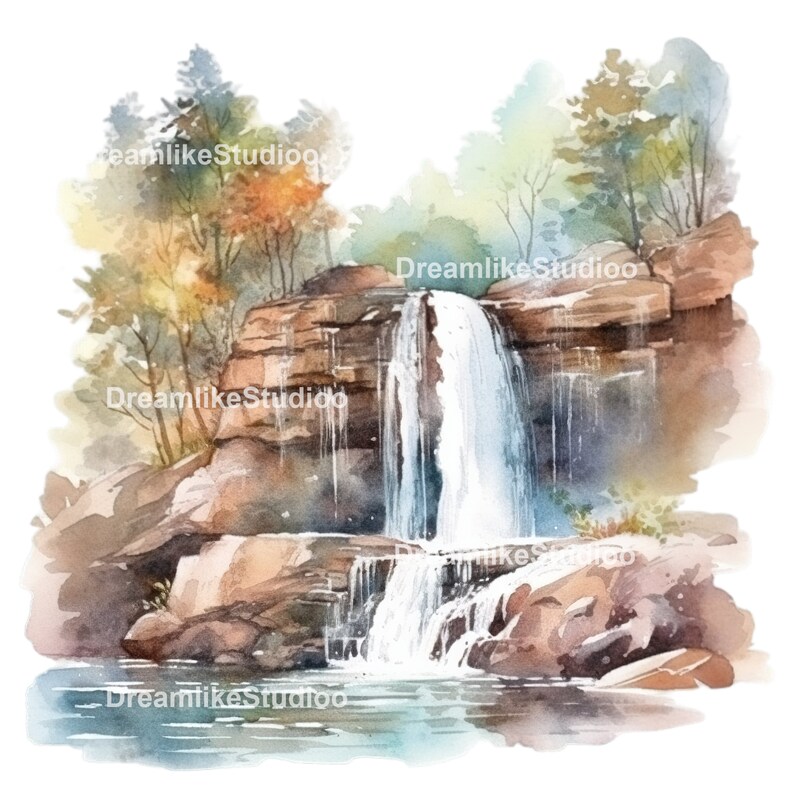 Watercolor Waterfall Clipart Bundle, Commercial Use Landscape Clipart ...