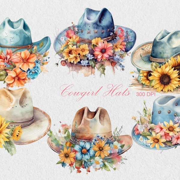 Watercolor Cowgirl Hat Clipart, Commercial Use Cowgirl Hat Digital Download, Sublimation PNG, Floral Hat Set