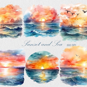 Clipart al tramonto dell'acquerello, Clipart al tramonto sul mare per uso commerciale, Clipart al tramonto sull'oceano, uccelli, lungomare, clipart estive, orizzonte