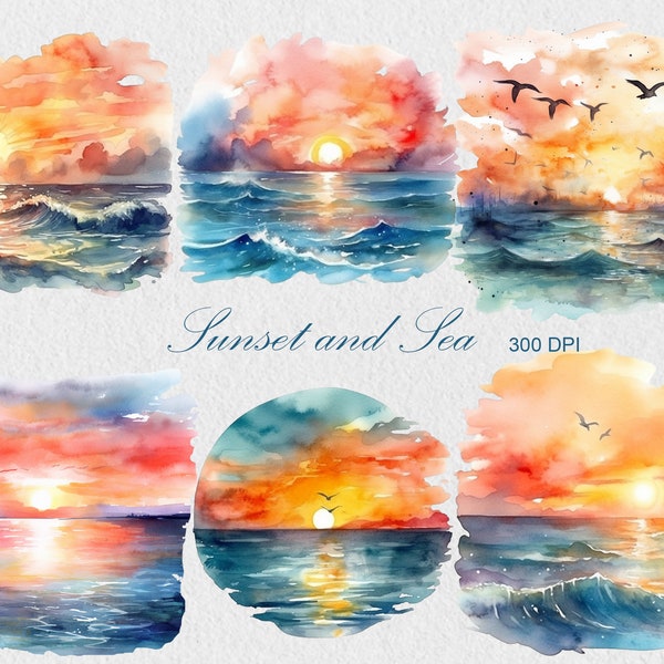 Watercolor Sunset Cliparts, Commercial Use Sea Sunset Clipart, Ocean Sunset Clipart, Birds, Waterfront, Summer Clipart, Horizon