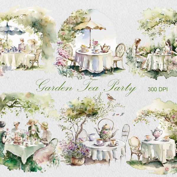Watercolor Garden Tea Party Scenes, PNG, Commercial Clipart, Tea Time Clipart, Scrapbooking, Garden Party PNG, Cottagecore, Fairy Picnic PNG