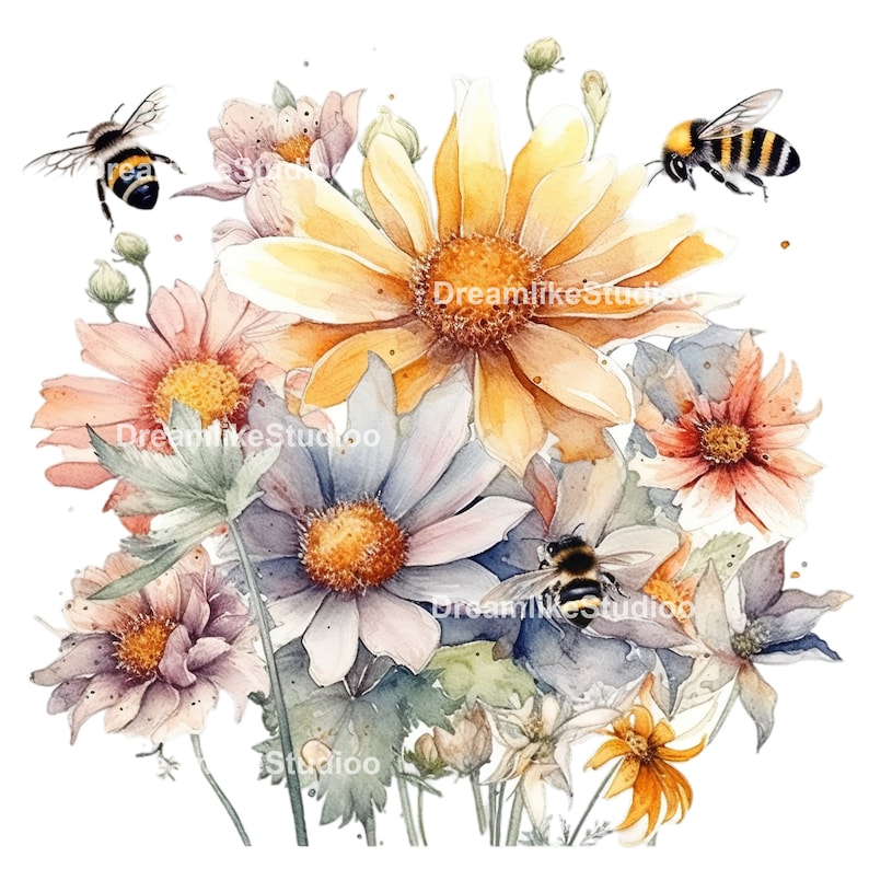 Bee Clipart PNG Watercolor Honey Bee and Summer Flowers Commercial Use ...