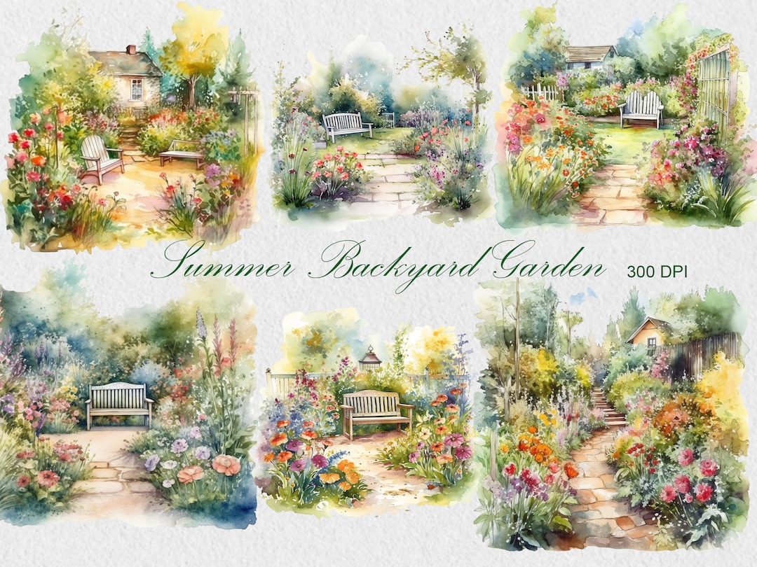 Watercolor Backyard Garden Clipart, Commercial Use Summer Garden PNG