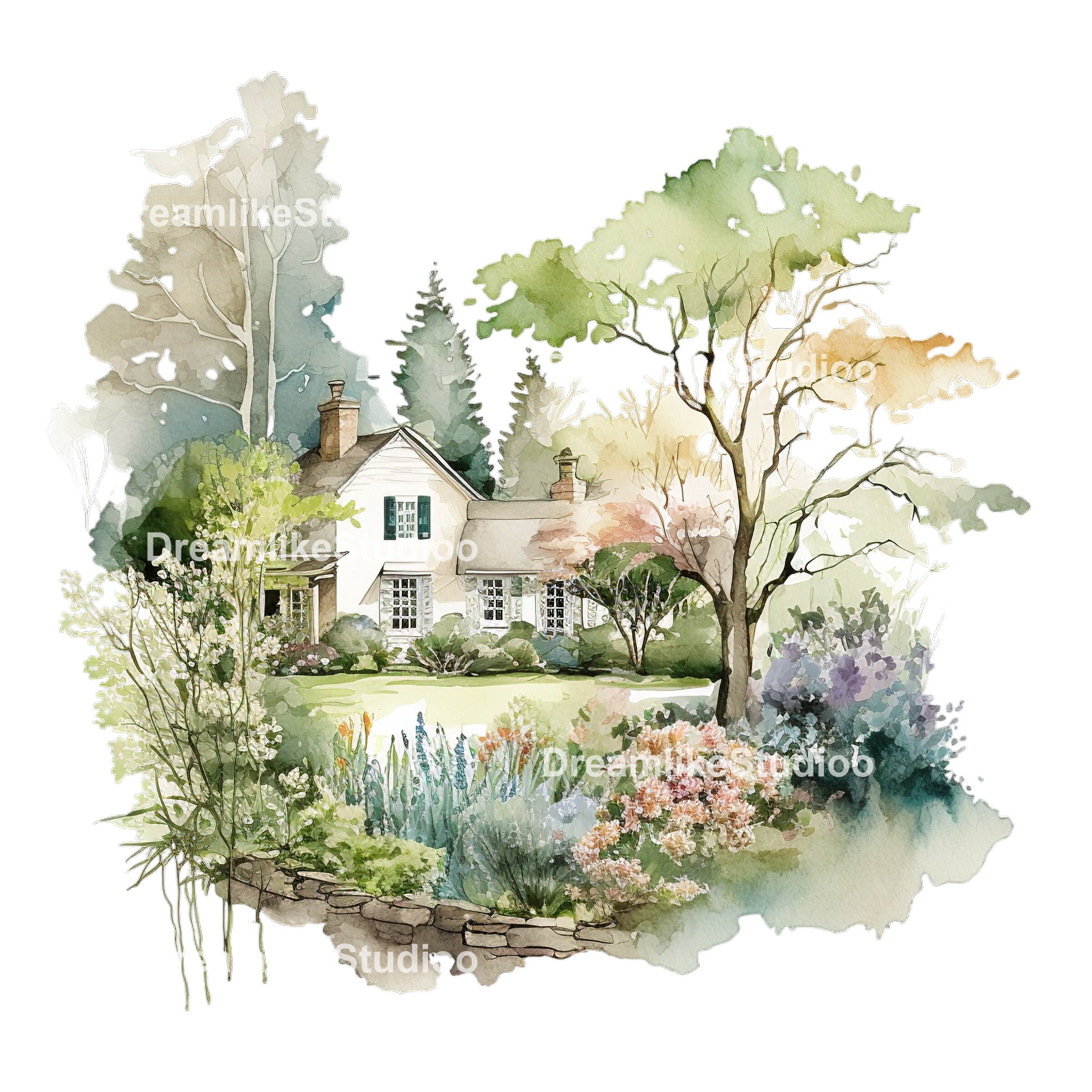 Watercolor Backyard Garden Clipart Spring Garden PNG Etsy