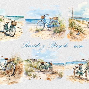 Watercolor Seashore Clipart, Commercial Use Beach with Bicycle Clipart, Seascape PNG, Sea Landscape, Summer Clipart,