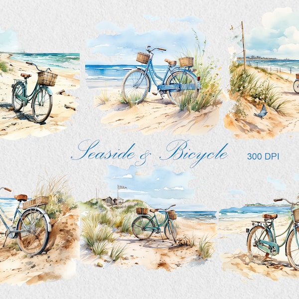 Watercolor Seashore Clipart, Commercial Use Beach with Bicycle Clipart, Seascape PNG, Sea Landscape, Summer Clipart,