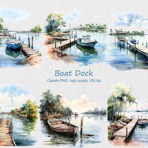 Aquarelle bateau quai des cliparts, usage Commercial voile scène des cliparts, paysage marin PNG, paysage marin, clipart été,