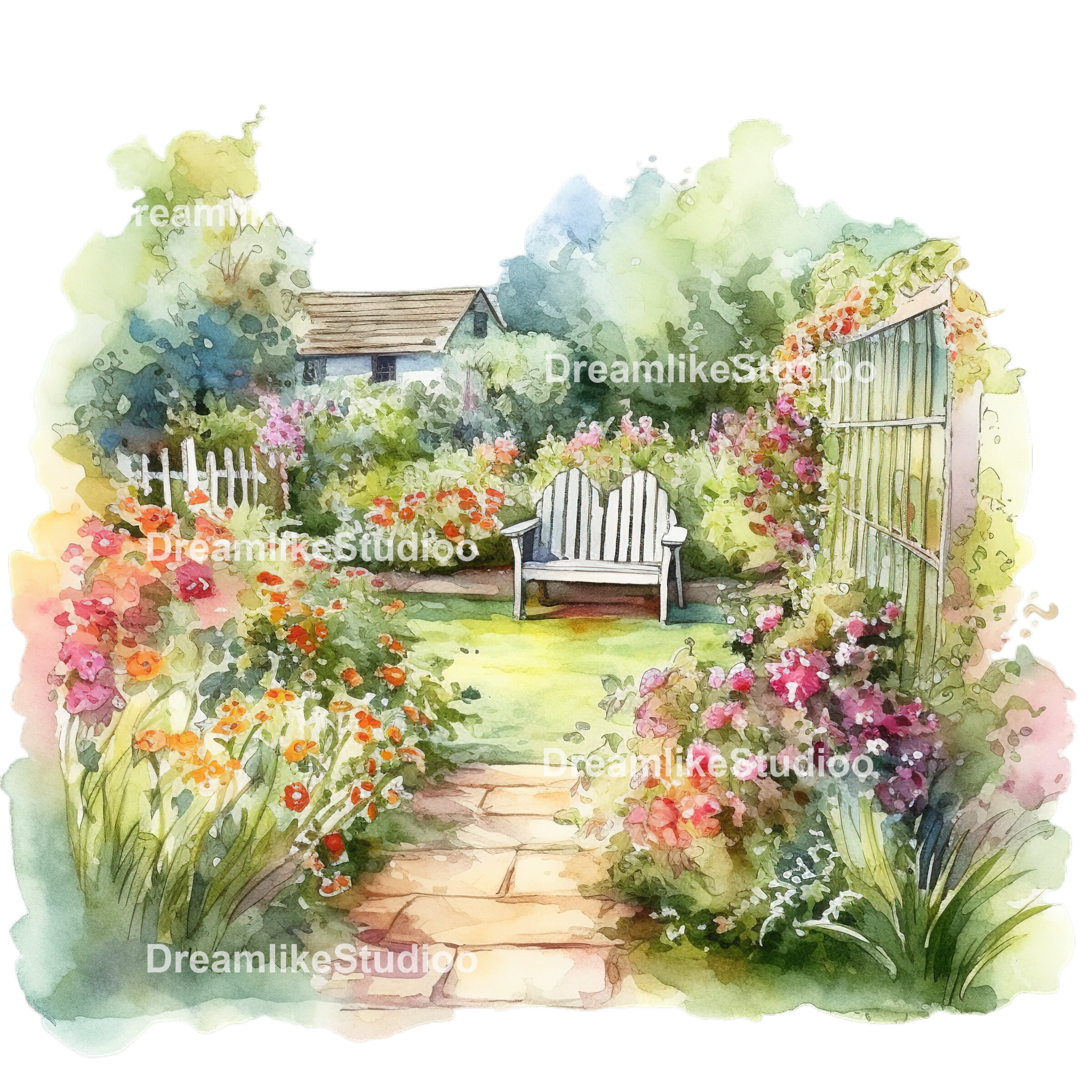 Watercolor Backyard Garden Clipart, Commercial Use Summer Garden PNG