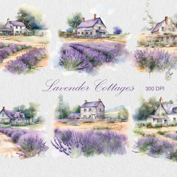 Watercolor Lavender Cottages Clipart, Commercial Use Clipart, Scrapbooking Lavender PNG, House, Flowers, Countryside