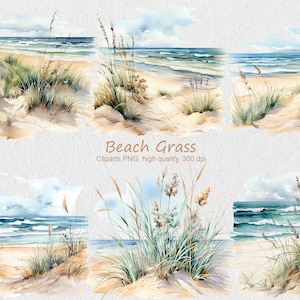 Watercolor Seashore Clipart, Commercial Use Beach Grass Clipart, Seascape PNG, Sea Landscape, Summer Clipart,