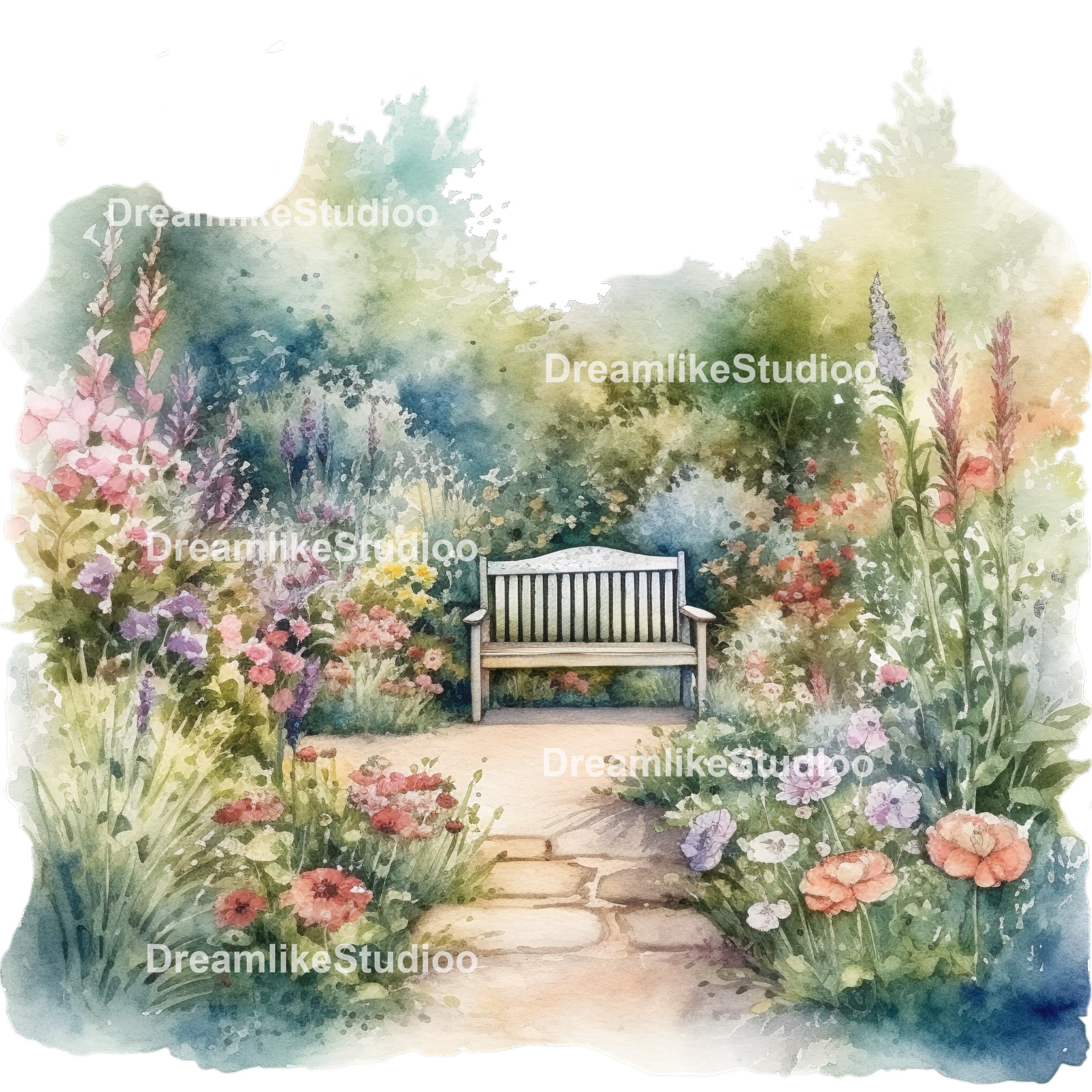 Watercolor Backyard Garden Clipart, Commercial Use Summer Garden PNG