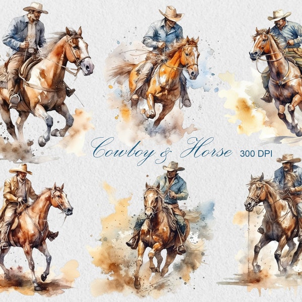 Cowboy Clipart Watercolor, Commercial Use Cowboy and Horse PNG Clipart for Scrapbooking, Print and more