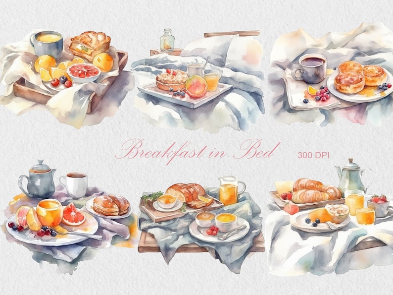 Watercolor Breakfast Clipart Commercial Use Breakfast in Bed Etsy