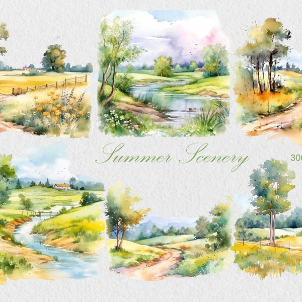 Summer Scenery Clipart, Commercial Use Watercolor Landscape Clipart, Watercolor Landscape PNG, Instant Download