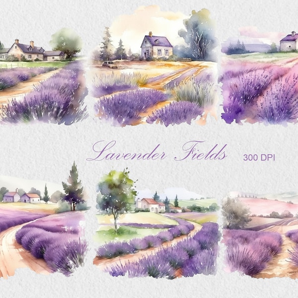 Lavender Fields Clipart, Watercolor Commercial Use PNG Clipart
