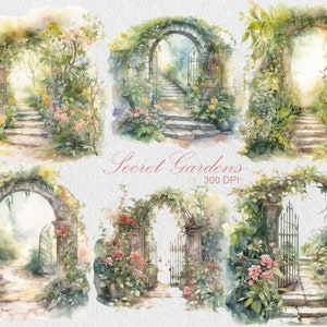 Geheime tuin clipart bundel, commercieel gebruik aquarel clipart, zomer clipart PNG, scrapbooking, huis, tuin, bomen, bloemen