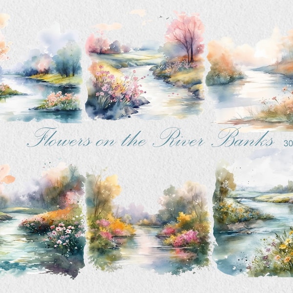 Watercolor River with Flower Banks Clipart, Commercial Use River Clipart, Nature PNG