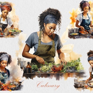 Bakken clipart, aquarel vrouw die werkt in de keuken PNG commercieel gebruik, vrouw koken clipart, zwarte vrouw chef-kok clipart
