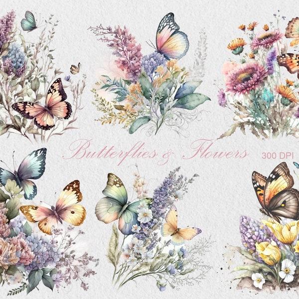 Watercolor Butterfly Clipart, Commercial Use Clipart, Butterflies and Flowers,  Floral Butterflies PNG