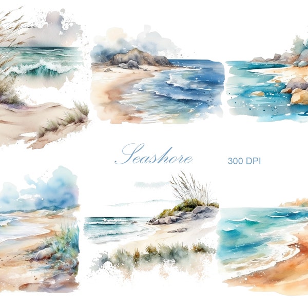 Watercolor Seashore Clipart, Commercial Use Beach Clipart, Seascape PNG, Sea Landscape, Summer Clipart,