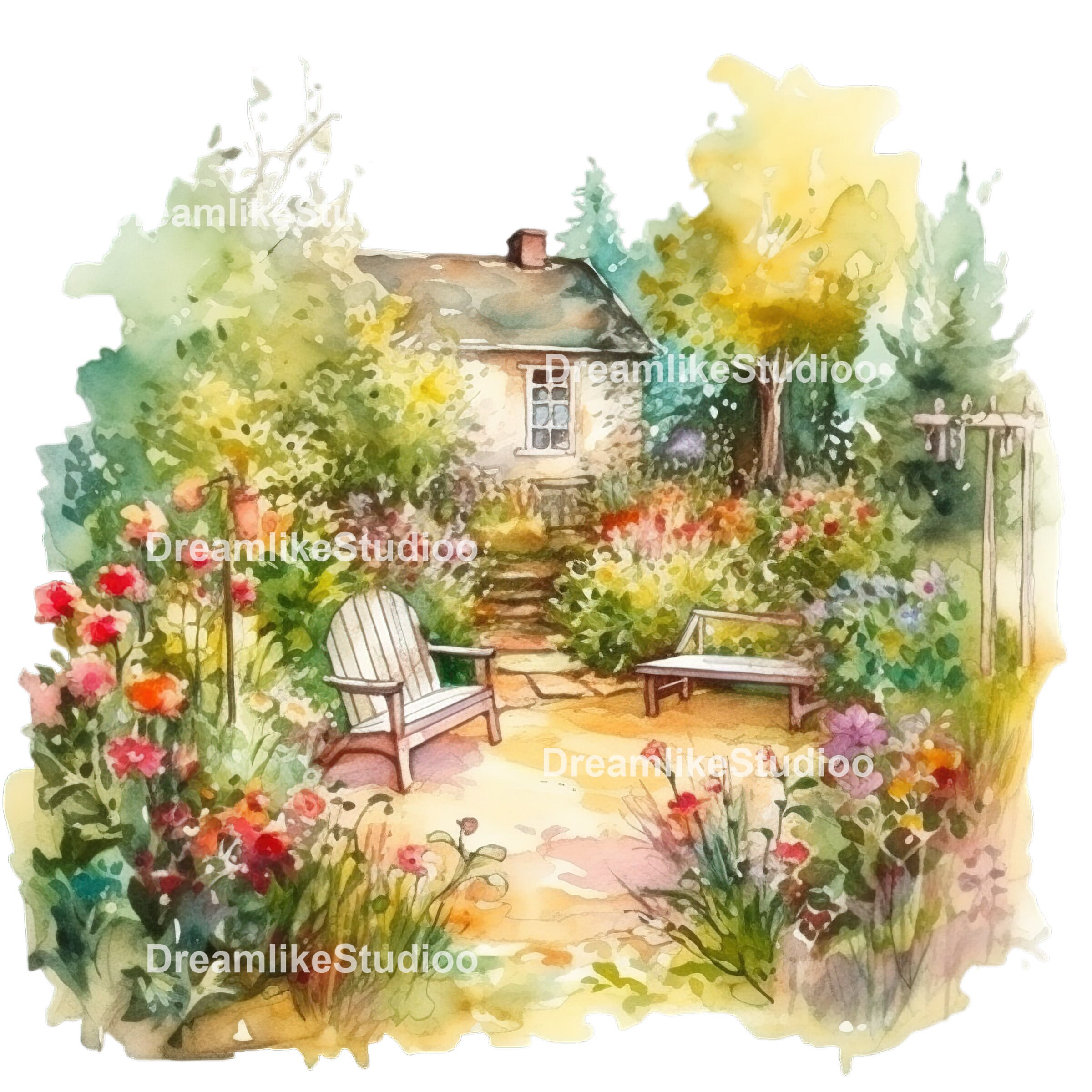Watercolor Backyard Garden Clipart, Commercial Use Summer Garden PNG