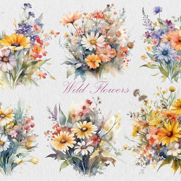 Wild Flowers Bouquet Cliparts, Watercolor Wild Flowers PNG, Commercial Use Clipart, Summer Flowers Clipart, Scrapbooking